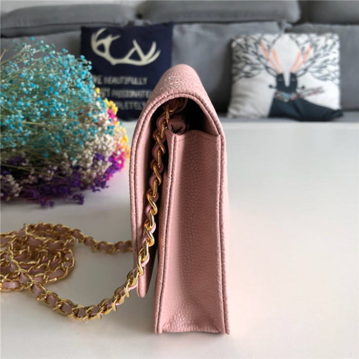 Classic Wallet on Chain A33814 Grained Calfskin Pink Gold Metal B