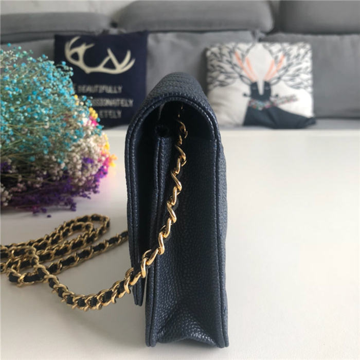 Classic Wallet on Chain A33814 Grained Calfskin Navy Gold Metal B