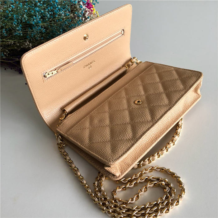 Classic Wallet on Chain A33814 Grained Calfskin Beige Gold Metal B