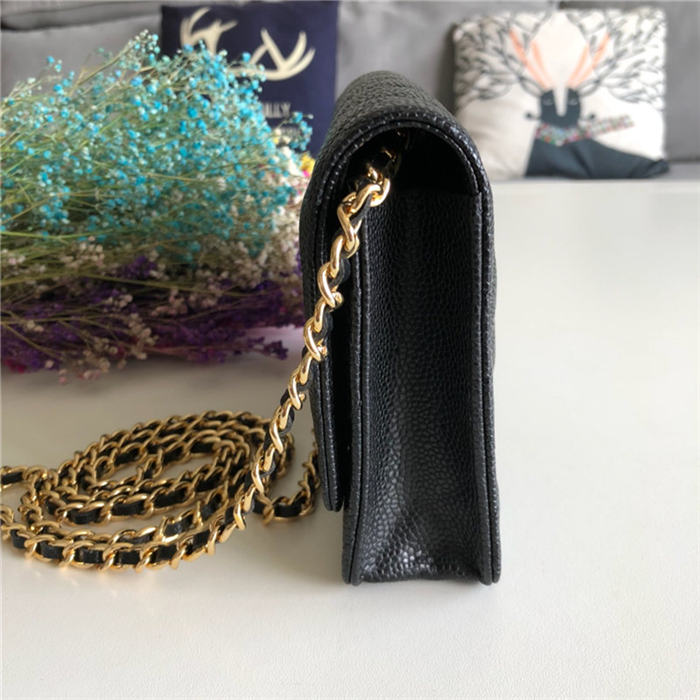 Classic Wallet on Chain A33814 Grained Calfskin Black Gold Metal B