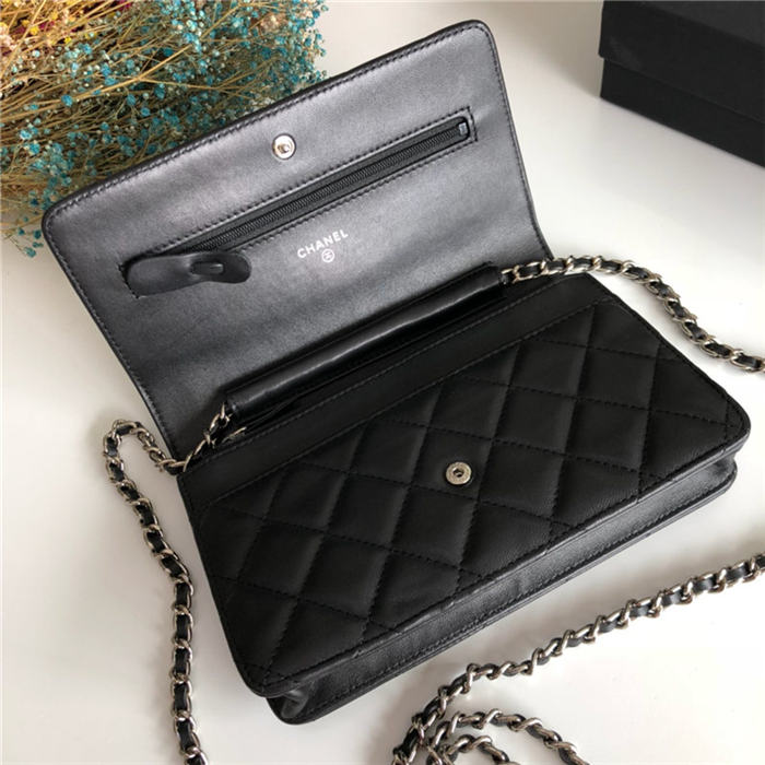 Classic Wallet on Chain A33814 Lambskin Black Silver Metal B