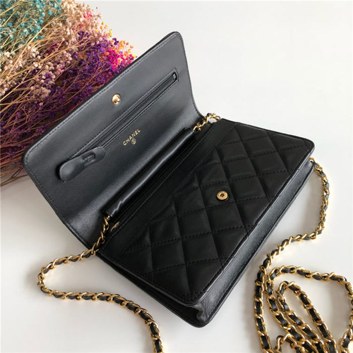 Classic Wallet on Chain A33814 Lambskin Black Gold Metal B