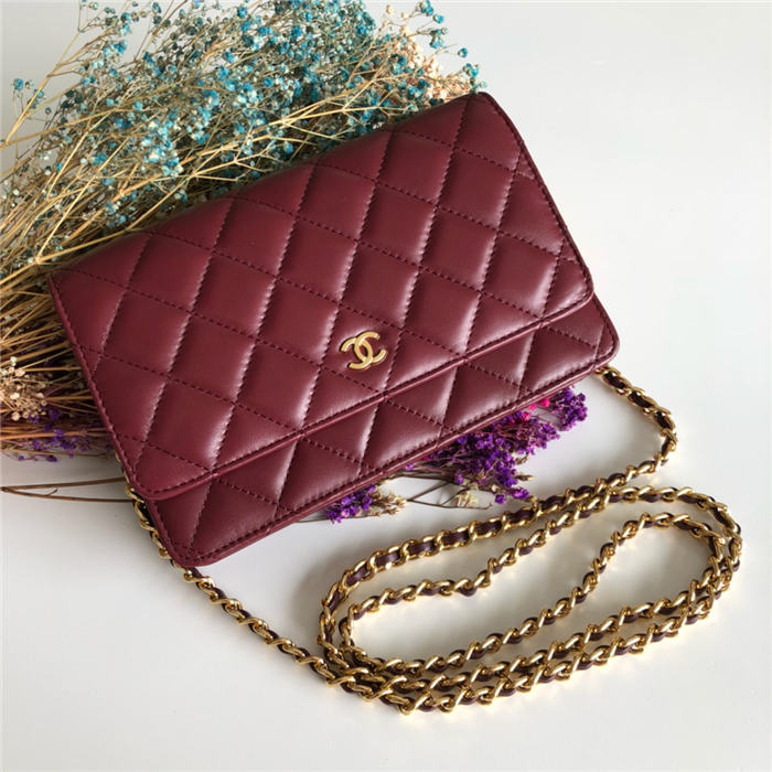 Classic Wallet on Chain A33814 Lambskin Burgundy Gold Metal B