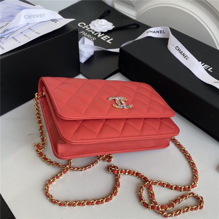 Chanel Wallet on Chain Lambskin, Zirconium & Gold-Tone Metal Red A