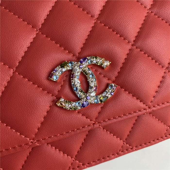 Chanel Wallet on Chain Lambskin, Zirconium & Gold-Tone Metal Red A