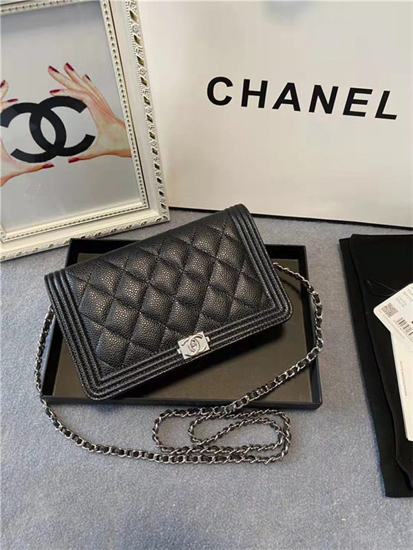 BOY Chanel WALLET ON CHAIN Grained Calfskin & Silver-Tone Metal Black High