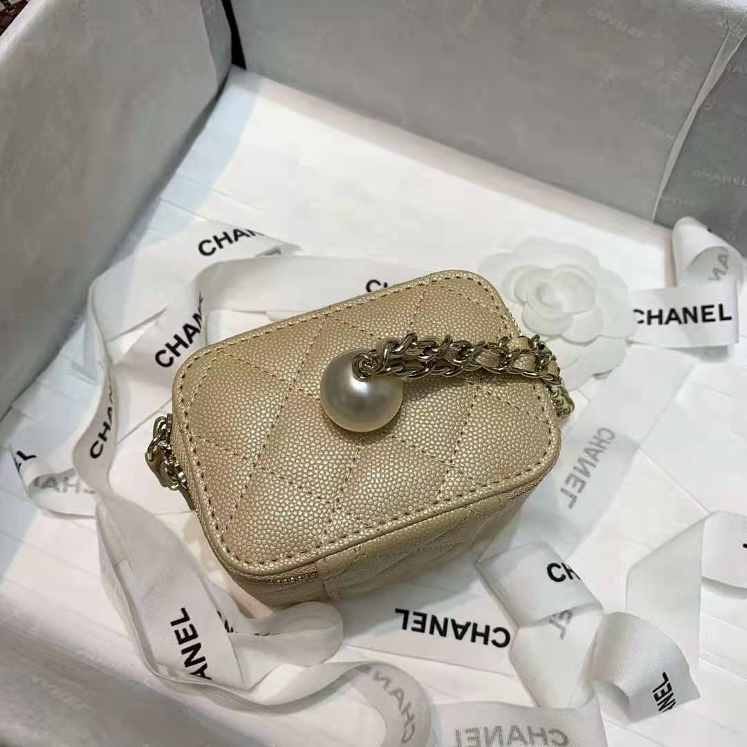 Chanel Small Vanity with Chain Grained Calfskin & Gold-Tone Metal Beige High