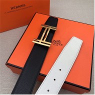 Hermes H au Carre belt buckle & Reversible leather strap 38 mm Epsom Black/White High