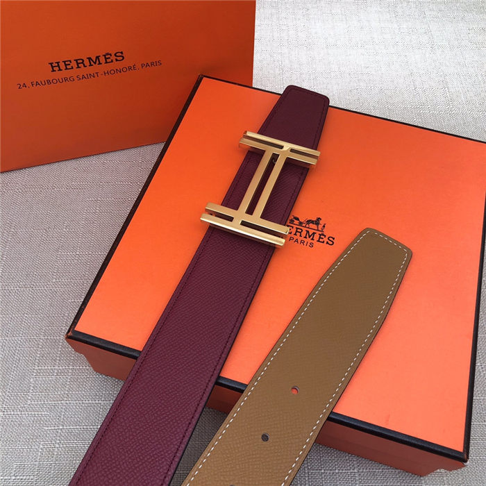 Hermes H au Carre belt buckle & Reversible leather strap 38 mm Epsom Camel/Burgundy High