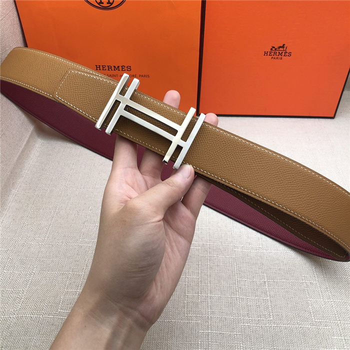 Hermes H au Carre belt buckle & Reversible leather strap 38 mm Epsom Camel/Burgundy High