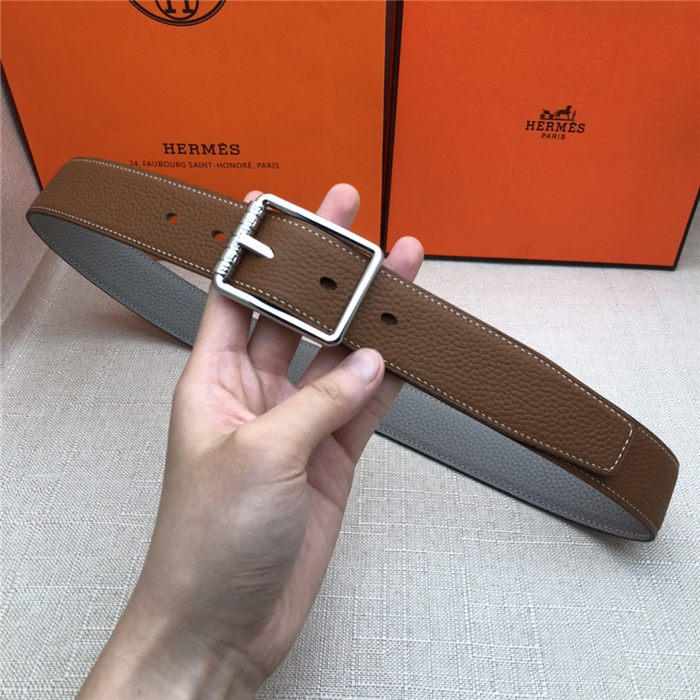 Hermes Code 32 reversible belt Togo Camel/Grey with Silver Buckle High