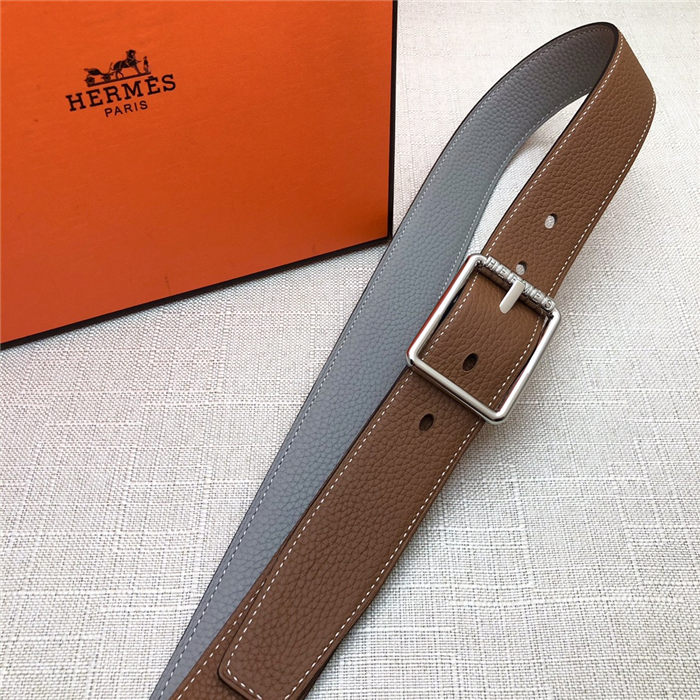 Hermes Code 32 reversible belt Togo Camel/Grey with Silver Buckle High