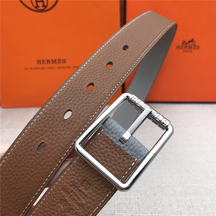 Hermes Code 32 reversible belt Togo Camel/Grey with Silver Buckle High