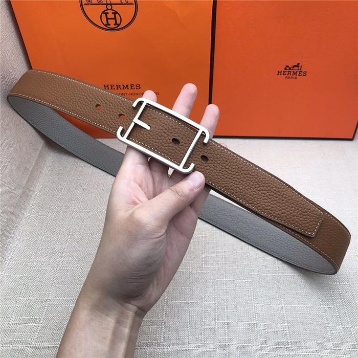 Hermes Society 32 reversible belt Togo Camel/Grey High