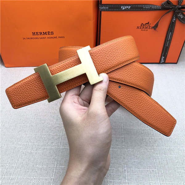 Hermes Constance belt buckle & Reversible leather strap 32/38 mm Togo Orange Brass-Metal High