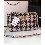 Large Chanel 19 Flap Bag Tweed Gold-Tone Houndstooth Black-Beige High