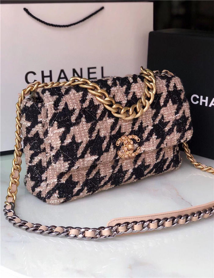 Large Chanel 19 Flap Bag Tweed Gold-Tone Houndstooth Black-Beige High