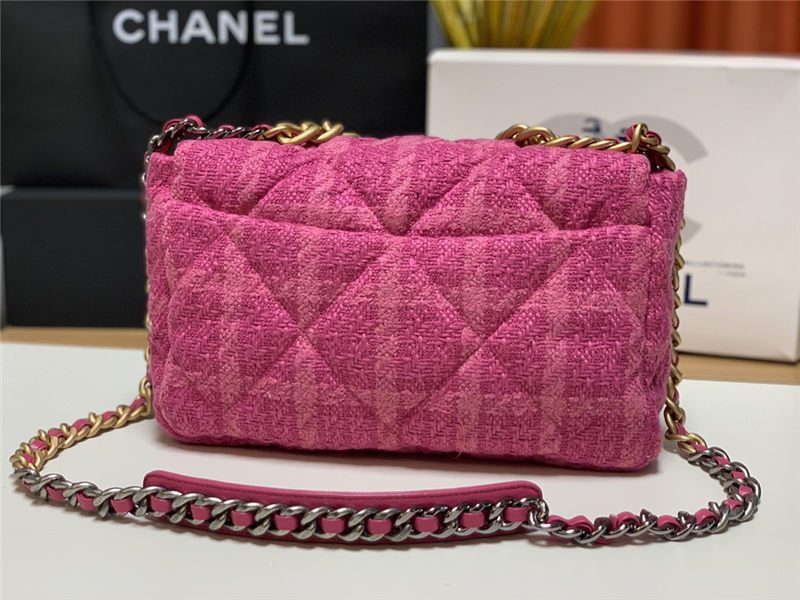 Large Chanel 19 Flap Bag Tweed Gold-Tone Houndstooth Fuchsia High