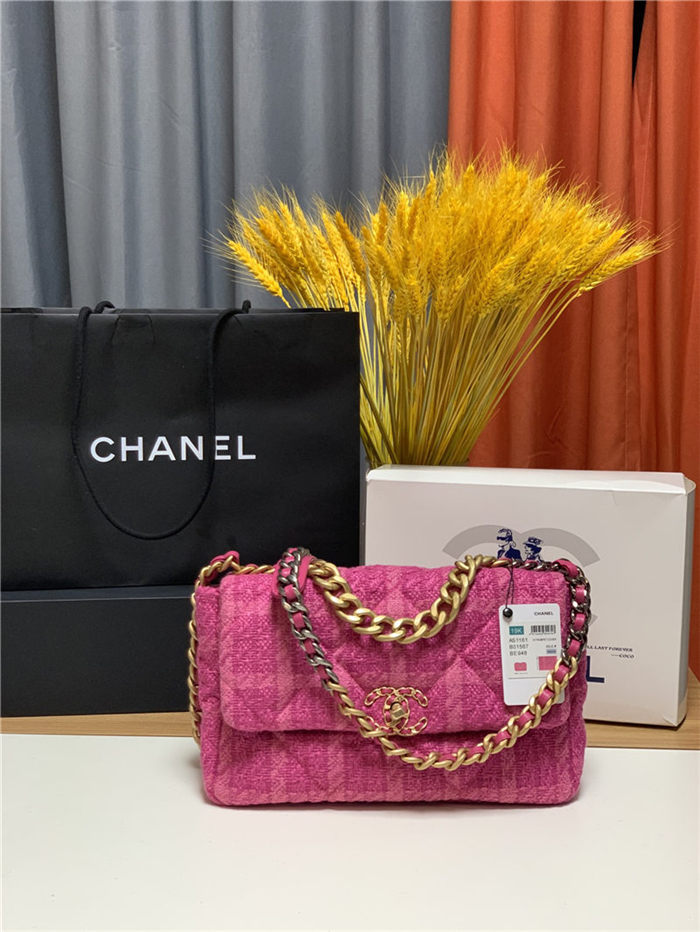 Large Chanel 19 Flap Bag Tweed Gold-Tone Houndstooth Fuchsia High