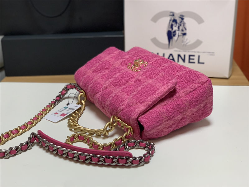 Large Chanel 19 Flap Bag Tweed Gold-Tone Houndstooth Fuchsia High