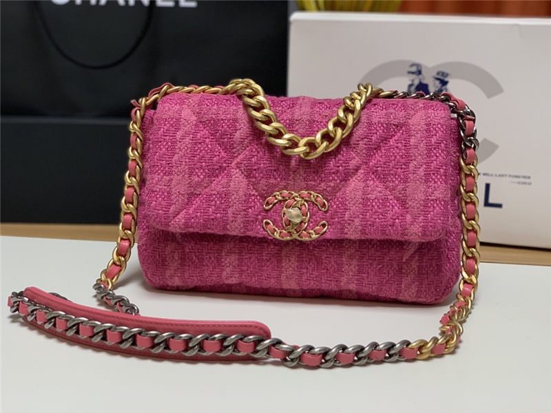 Chanel 19 Flap Bag Tweed Gold-Tone Houndstooth Fuchsia High