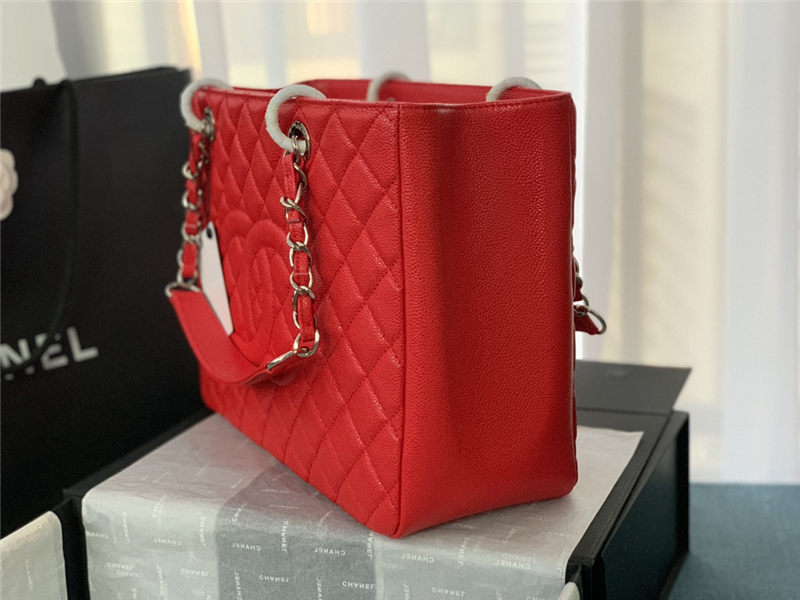 SHOPPING BAG 50995 Grained Calfskin Silver-Tone Metal Red High