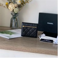 Flap Compact Wallet Grained Calfskin Gold-Tone Metal Black High