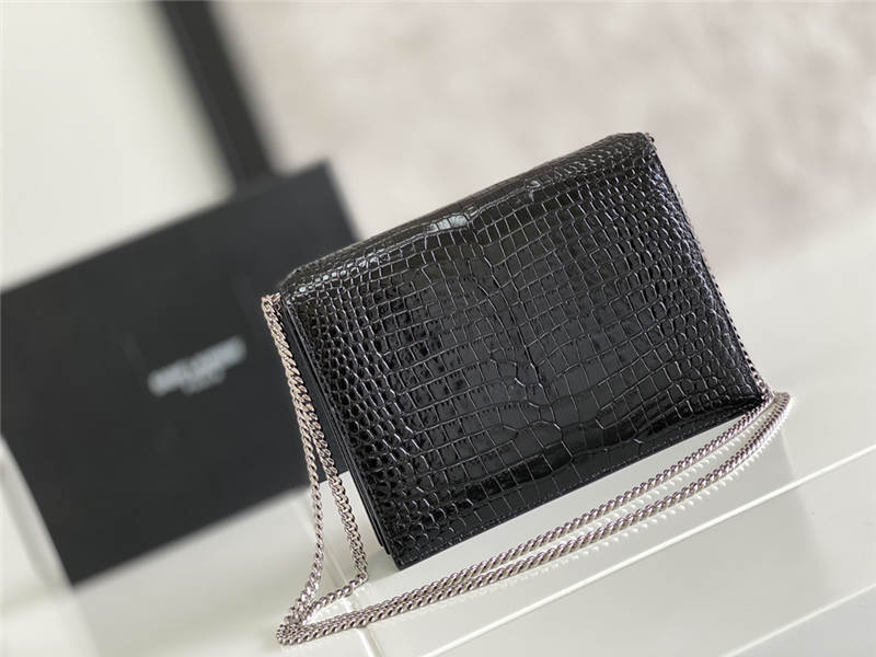 CASSANDRA MEDIUM CHAIN BAG IN CROCODILE-EMBOSSED SHINY LEATHER Black High