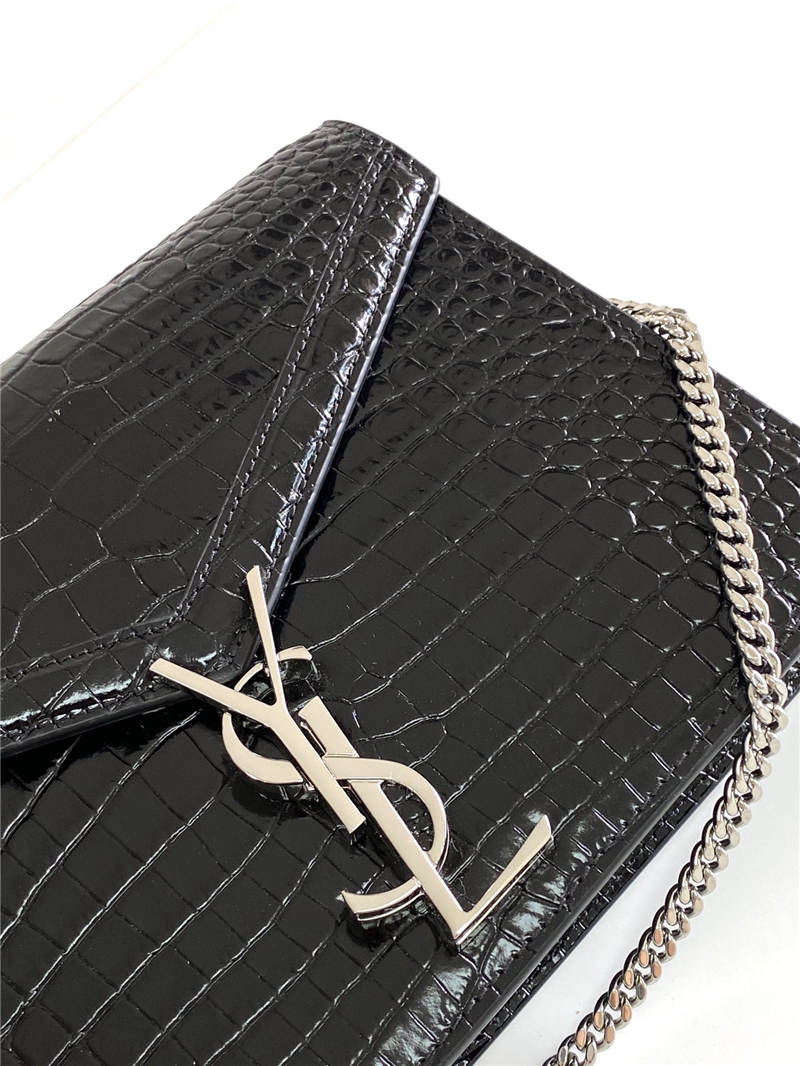 CASSANDRA MEDIUM CHAIN BAG IN CROCODILE-EMBOSSED SHINY LEATHER Black High