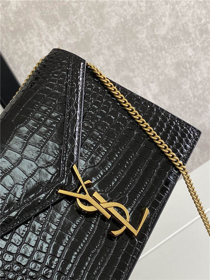 CASSANDRA MEDIUM CHAIN BAG IN CROCODILE-EMBOSSED SHINY LEATHER Black High