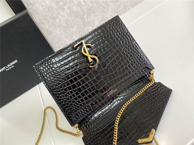 CASSANDRA MEDIUM CHAIN BAG IN CROCODILE-EMBOSSED SHINY LEATHER Black High