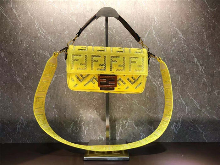 Fendi BAGUETTE Canvas Bag Embroidered Yellow Mid