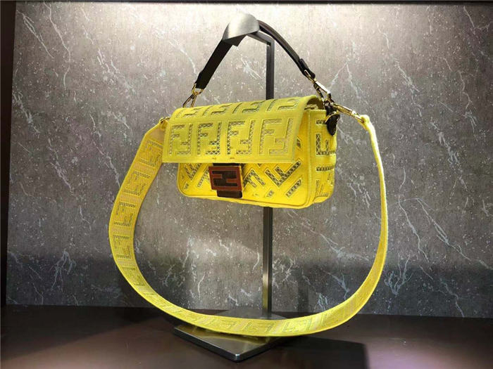 Fendi BAGUETTE Canvas Bag Embroidered Yellow Mid