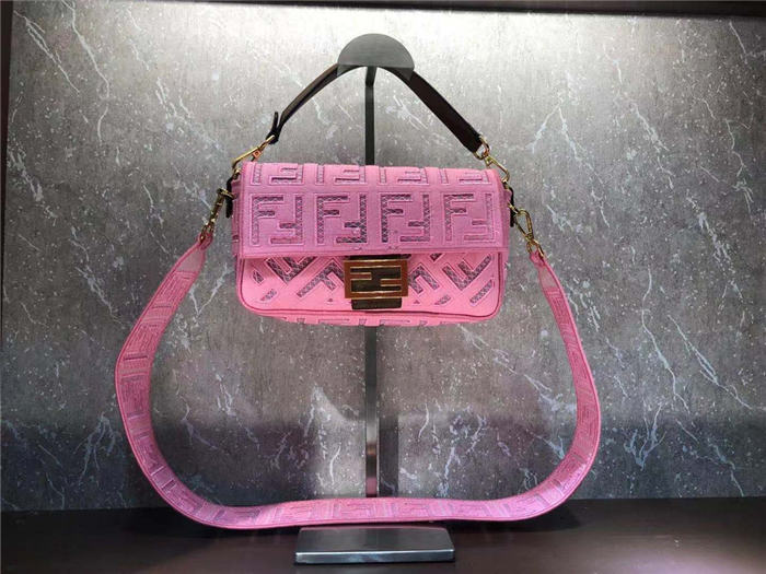 Fendi BAGUETTE Canvas Bag Embroidered Pink Mid