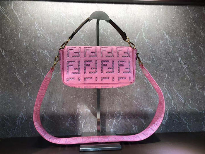 Fendi BAGUETTE Canvas Bag Embroidered Pink Mid