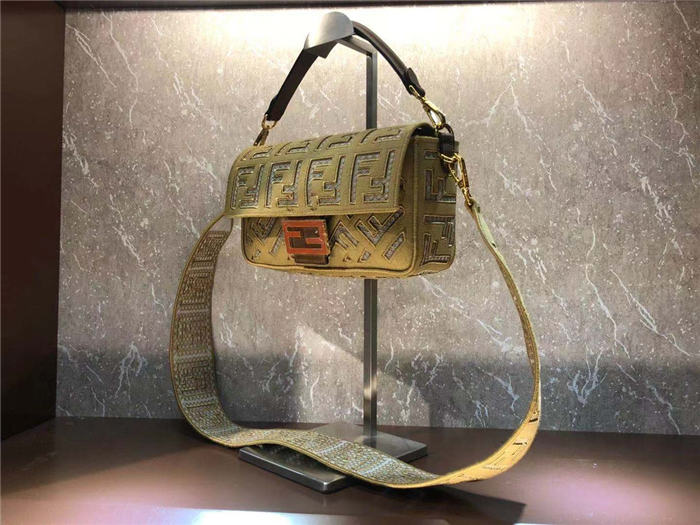 Fendi BAGUETTE Canvas Bag Embroidered Khaki Mid