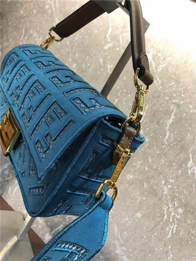 Fendi BAGUETTE Canvas Bag Embroidered Blue Mid