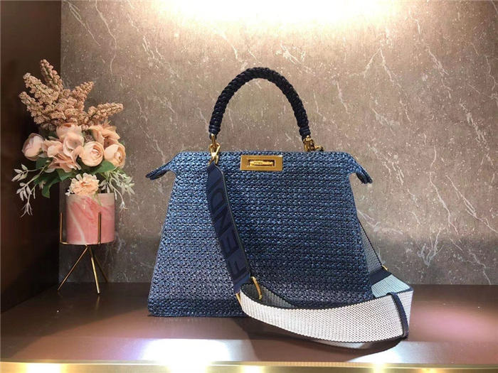 Fendi PEEKABOO ISEEU MEDIUM Woven straw bag Blue Mid