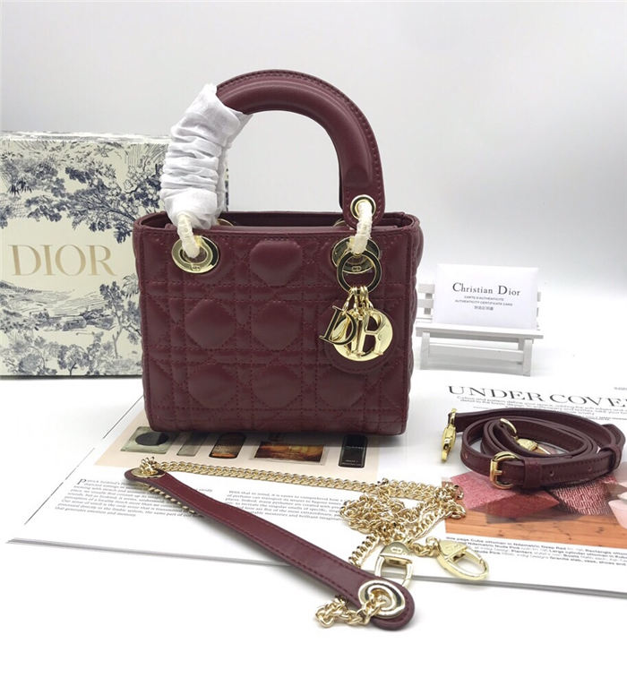 MINI LADY Dior BAG Burgundy Cannage Lambskin Gold Hardware mid