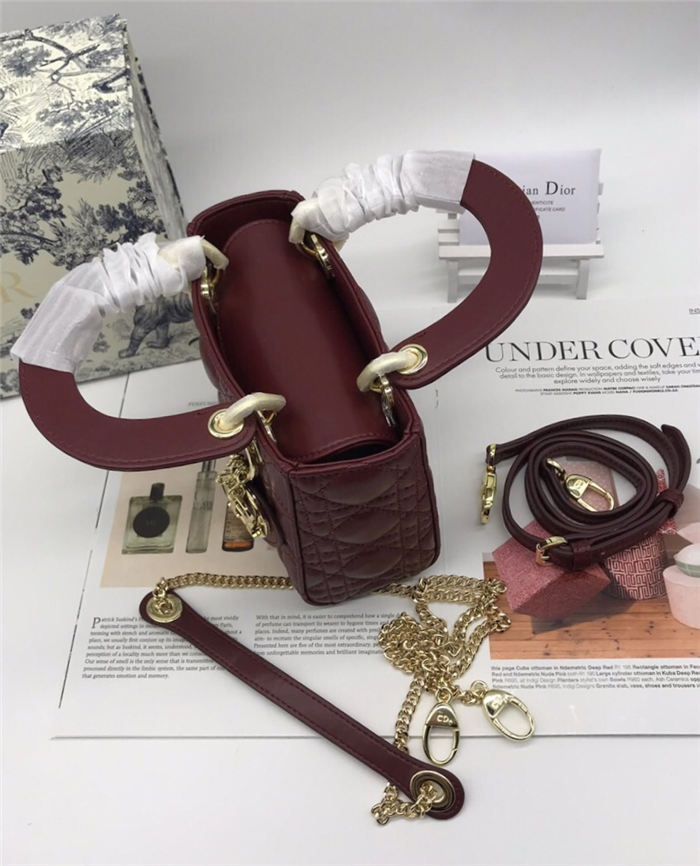 MINI LADY Dior BAG Burgundy Cannage Lambskin Gold Hardware mid