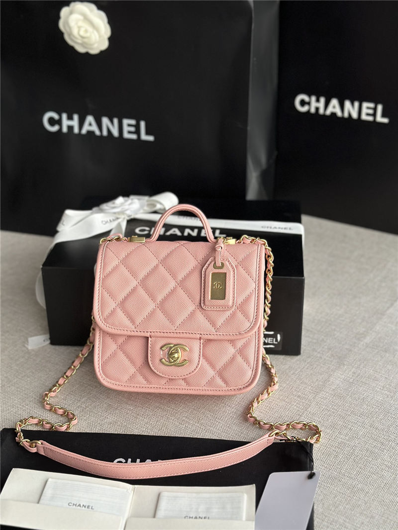 Chanel SMALL FLAP BAG WITH TOP HANDLE Grained Calfskin & Gold-Tone Metal AS3652 Pink A