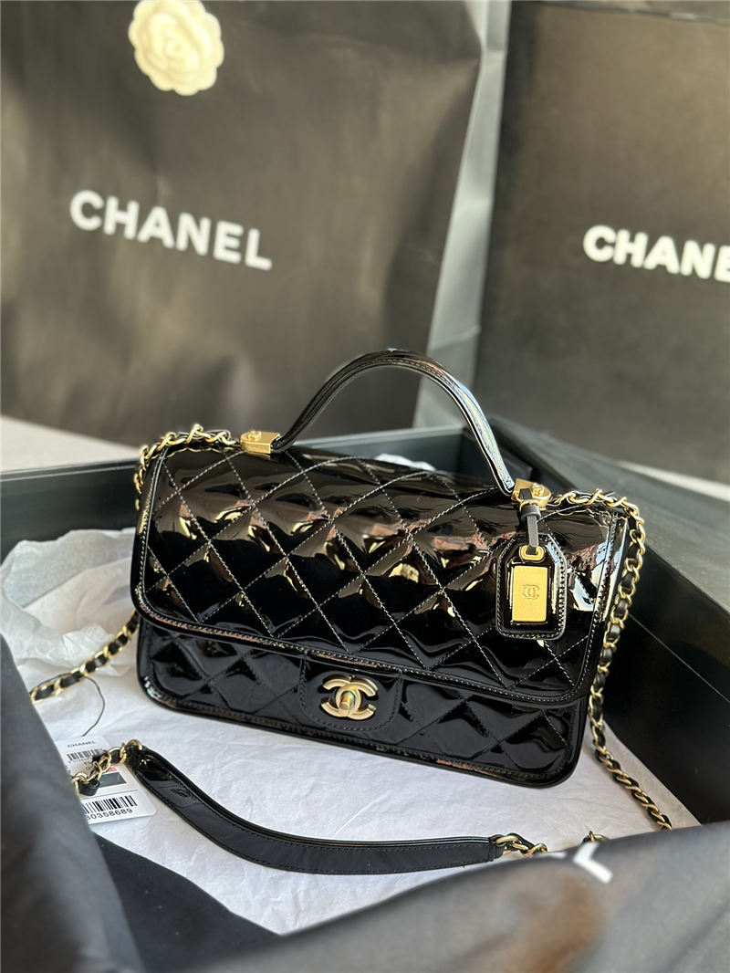 Chanel FLAP BAG WITH TOP HANDLE Patent Calfskin & Gold-Tone Metal AS3653 A