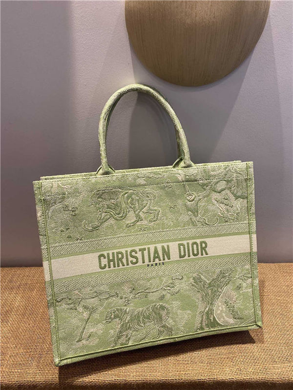 LARGE Dior BOOK TOTE Toile de Jouy Reverse Embroidery Green Mid