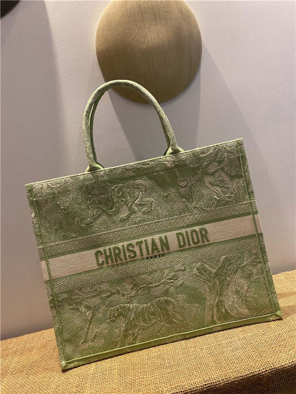 LARGE Dior BOOK TOTE Toile de Jouy Reverse Embroidery Green Mid