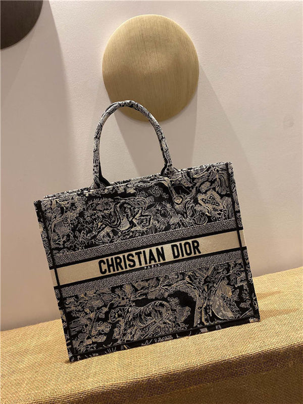 LARGE Dior BOOK TOTE Toile de Jouy Reverse Embroidery Black Mid