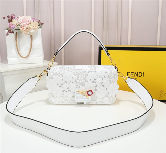 Fendi BAGUETTE Embroidered Patent White Mid