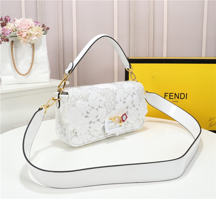 Fendi BAGUETTE Embroidered Patent White Mid