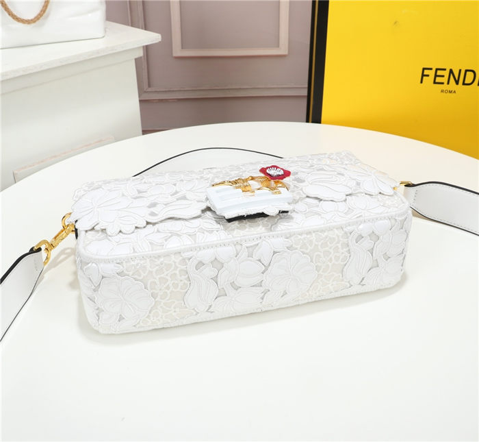 Fendi BAGUETTE Embroidered Patent White Mid