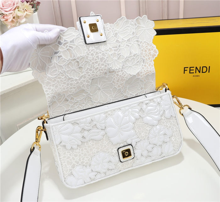 Fendi BAGUETTE Embroidered Patent White Mid