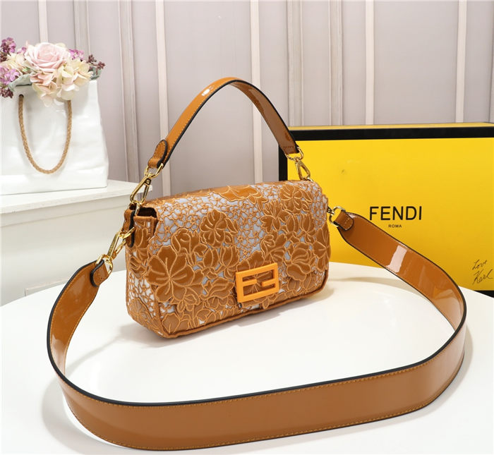 Fendi BAGUETTE Embroidered Patent Camel Mid